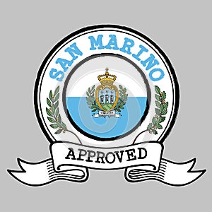 Ã¢â¬ÂªVector StampÃ¢â¬Â¬ of Approved logo with San marino flag in the round shape on the center photo